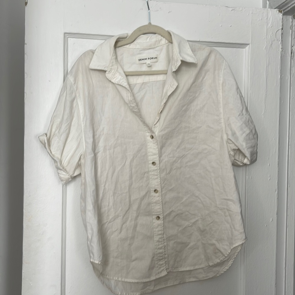 Aritzia Denim Forum denim short sleeve button down white